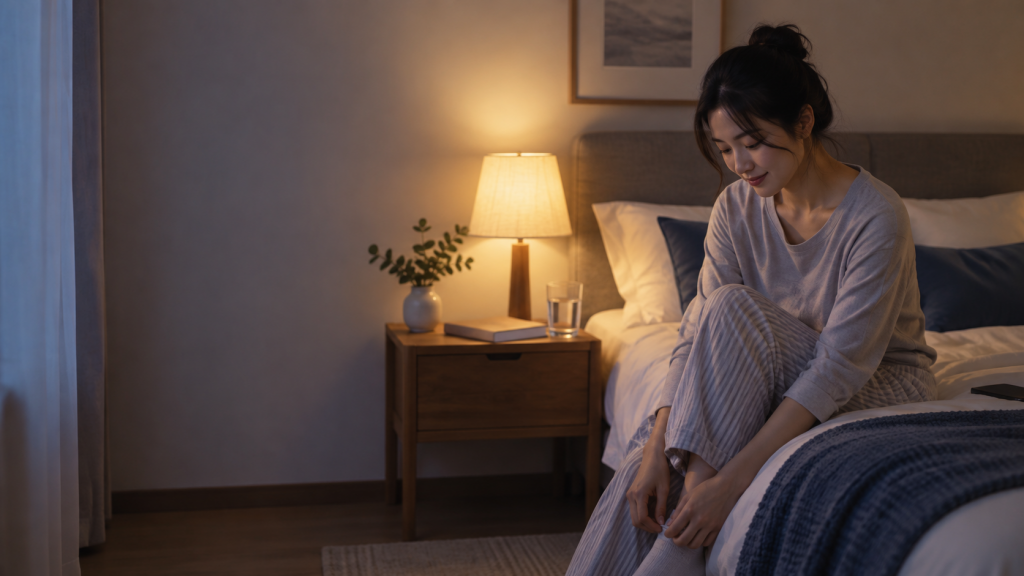 An adult winding down in a softly lit bedroom.