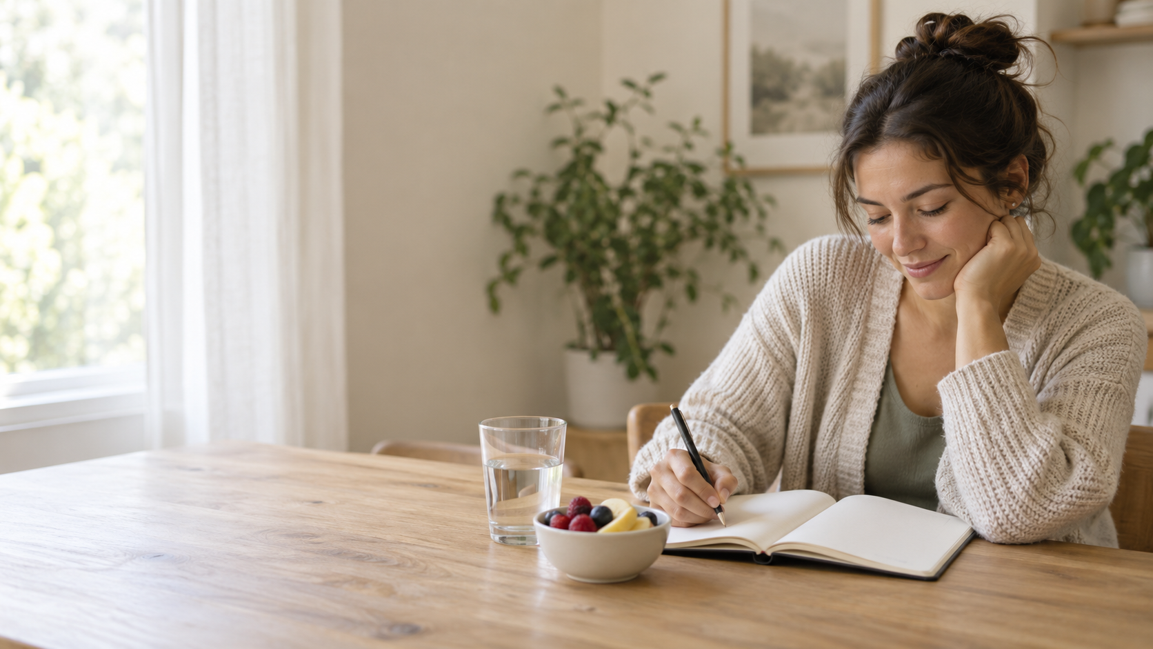An adult recording daily wellness habits at a sunlit table.