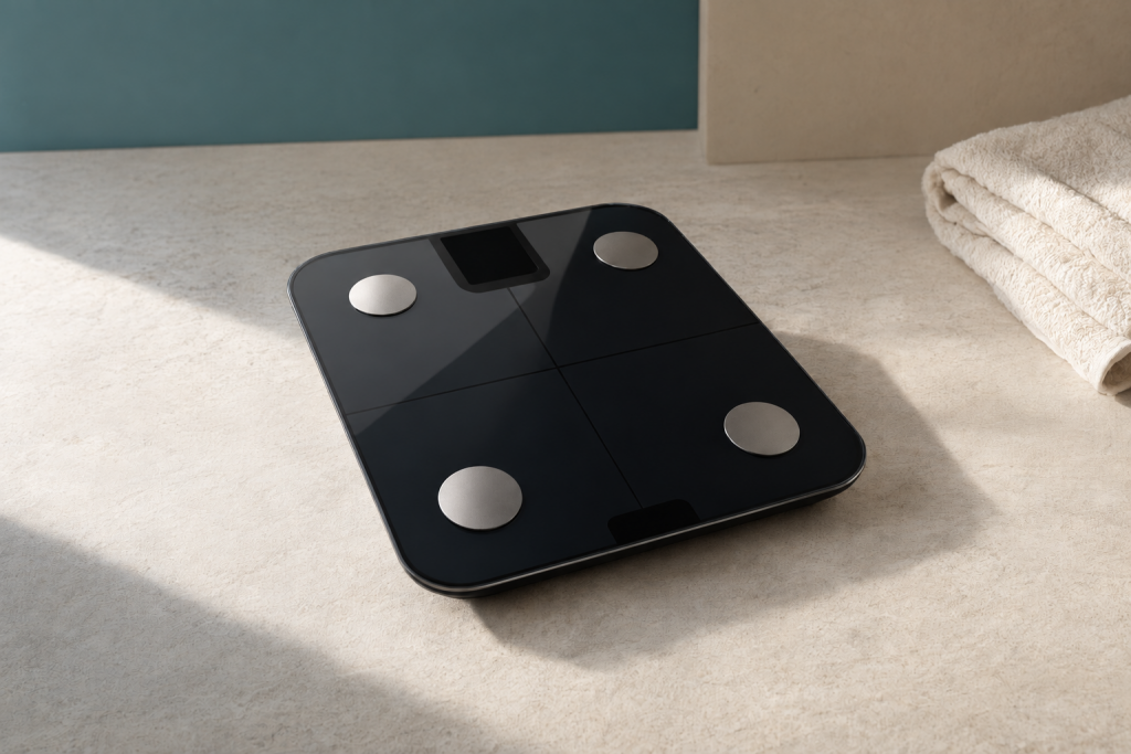 AI-generated editorial illustration of an aiScale Max-style scale on a dry level floor